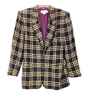 Collections by Michelle Stuart Plaid Blazer Two-Button Navy Yellow Womens Size 8